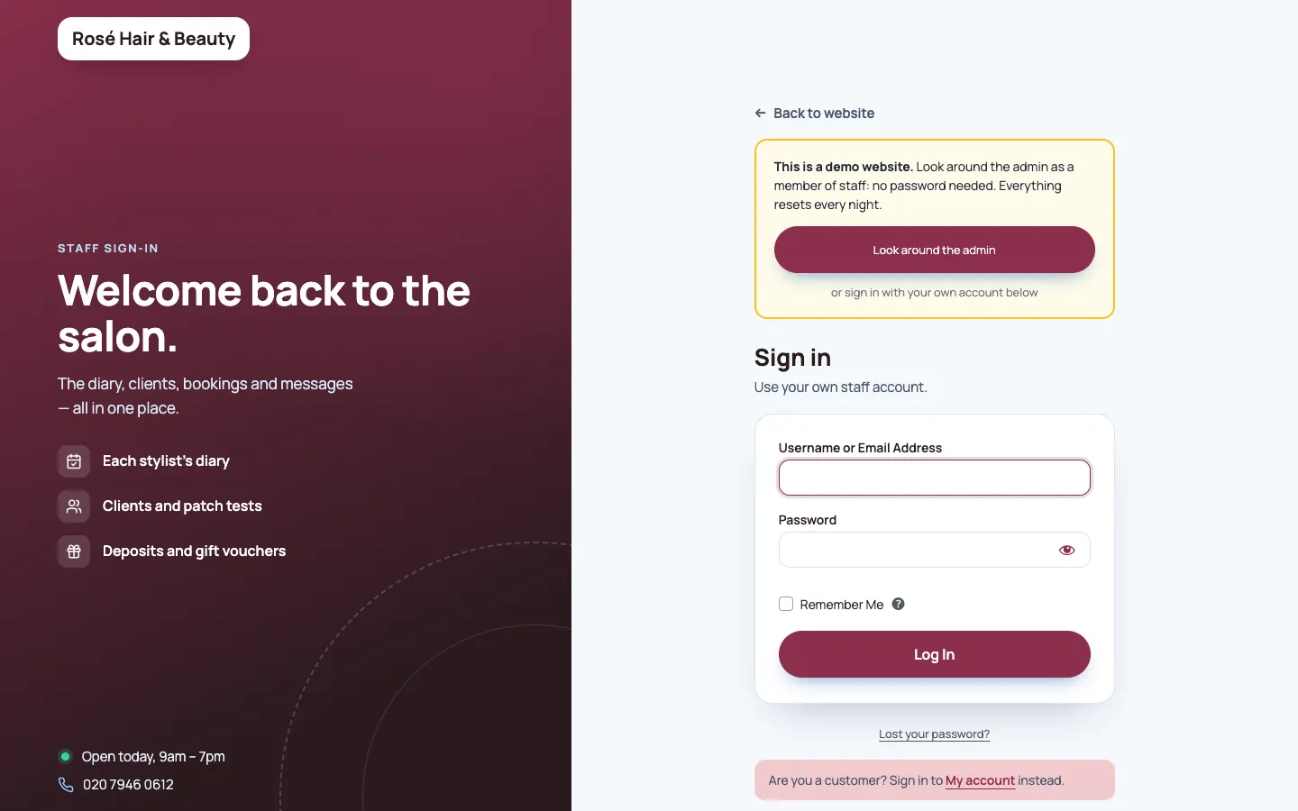 The staff sign-in page: Welcome back to the salon on the left with Each stylist's diary, Clients and patch tests, and Deposits and gift vouchers, and the Sign in form on the right with Username or Email Address, Password, Remember Me, Log In and Lost your password? (the yellow box is only on the demo)