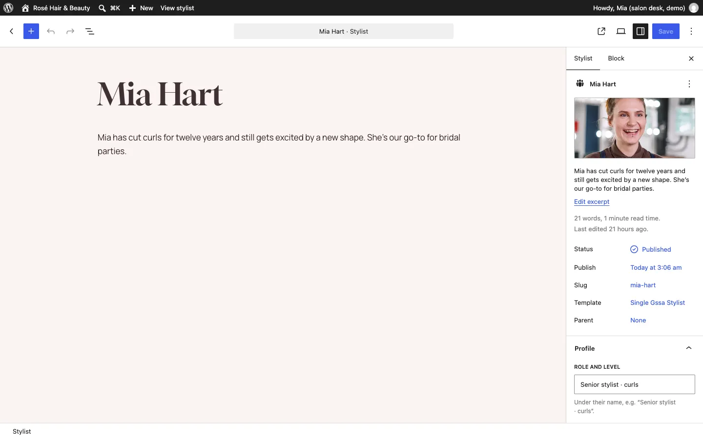 Mia Hart's profile in the editor, with her name and a few words about her on the left and her weekly working hours on the right