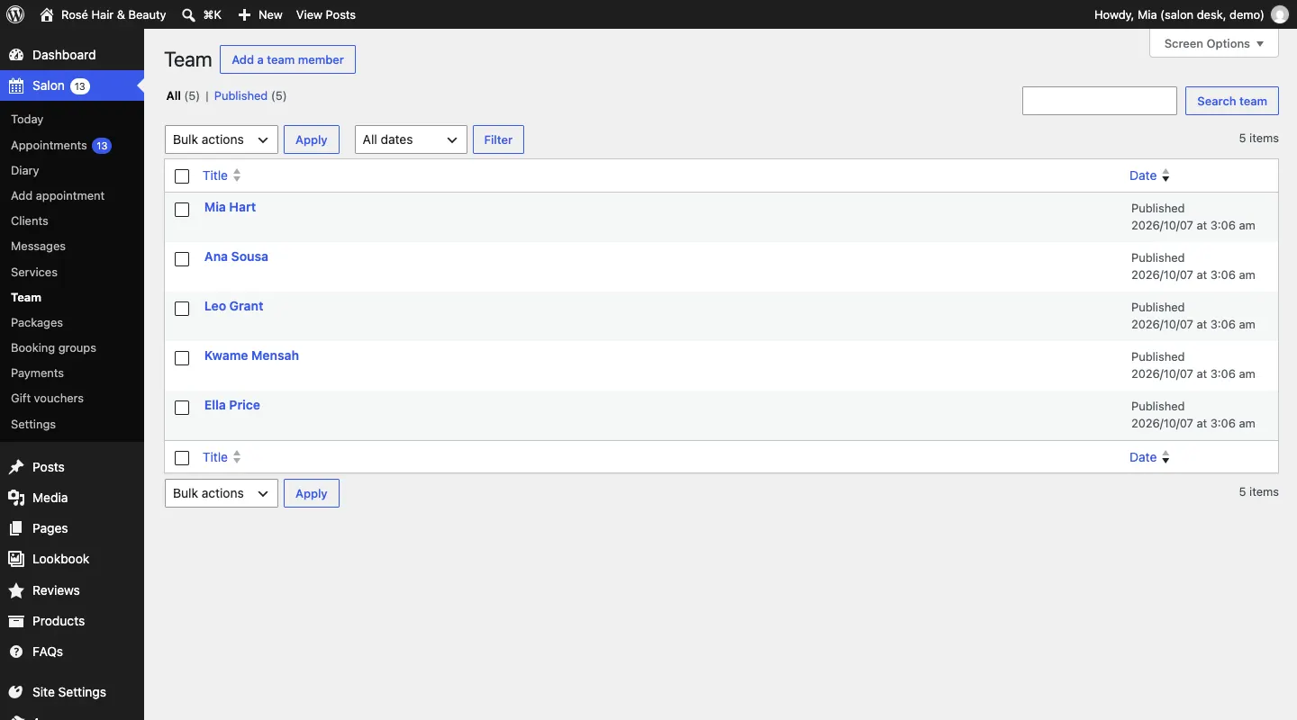 The Team list, showing Mia Hart, Ana Sousa, Leo Grant, Kwame Mensah and Ella Price, with an Add a team member button at the top