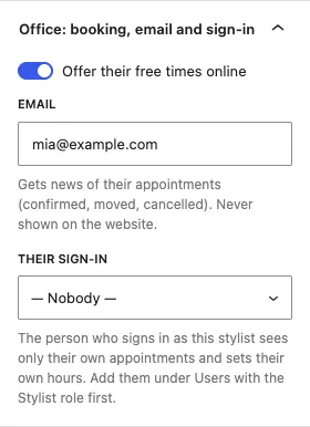 The Office panel with Offer their free times online, their Email, and Their sign-in