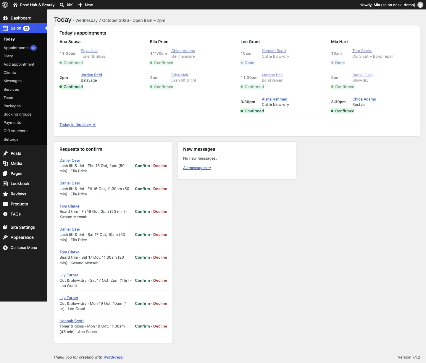 The Today screen with the Salon and Appointments badges showing 13 requests to confirm