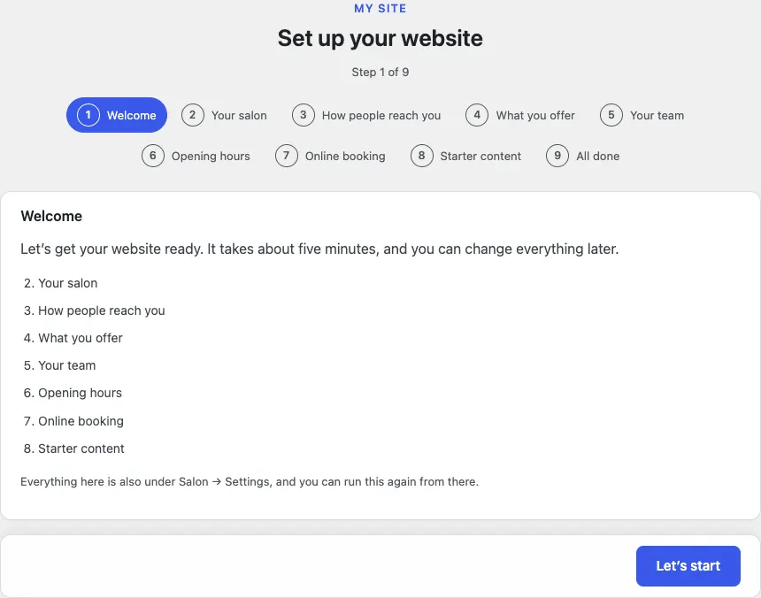 Step 1 of 9, Welcome: "Let's get your website ready. It takes about five minutes" with the numbered list of the steps ahead and a Let's start button