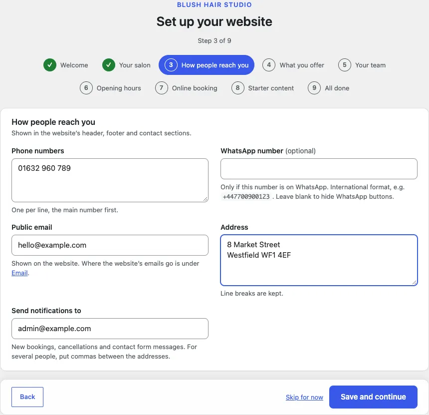 Step 3 of 9, How people reach you, with a phone number, hello@example.com, the address 8 Market Street, Westfield, and the Send notifications to box
