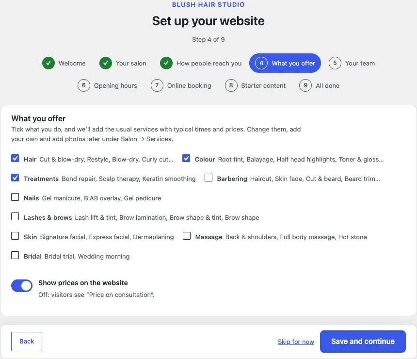 Step 4 of 9, What you offer: Hair, Colour and Treatments ticked, the other groups unticked, and Show prices on the website switched on