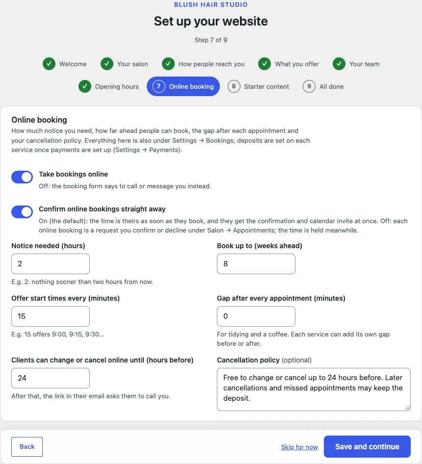 Step 7 of 9, Online booking: Take bookings online on, Confirm online bookings straight away on, notice 2 hours, 8 weeks ahead, start times every 15 minutes, gap 0, change or cancel until 24 hours before, and the cancellation policy text