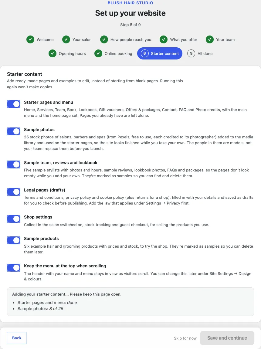 Step 8 of 9, Starter content while it works: the switches and buttons greyed out, and under them the box "Adding your starter content… Please keep this page open." with the lines Starter pages and menu: done and Sample photos: 8 of 25