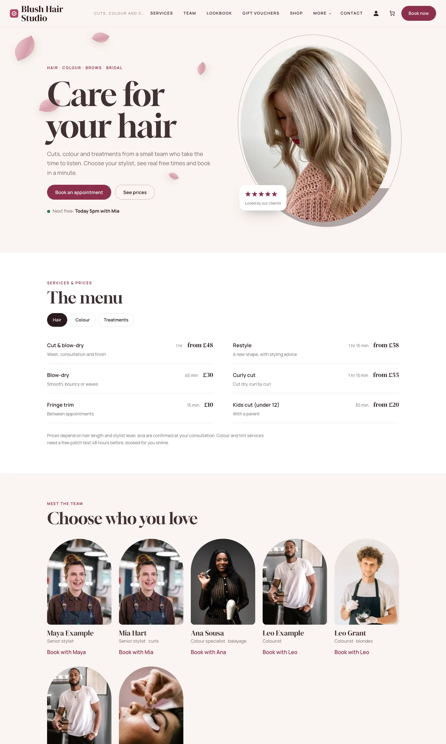 The new Blush Hair Studio home page: the headline "Care for your hair" with Book an appointment and See prices buttons and the next free time, a large photo, the services menu with Hair, Colour and Treatments tabs and prices, then the team with a Book with button under each person