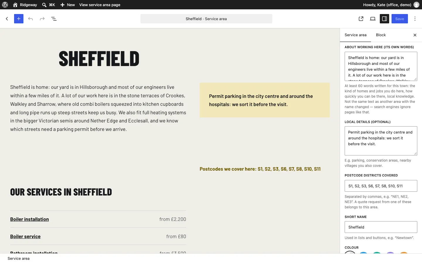 Editing the Sheffield area: the page shows the paragraph about working in Sheffield, the permit parking note and the postcodes, and the sidebar's Service area details panel has About working here, Local details, Postcode districts covered and Short name