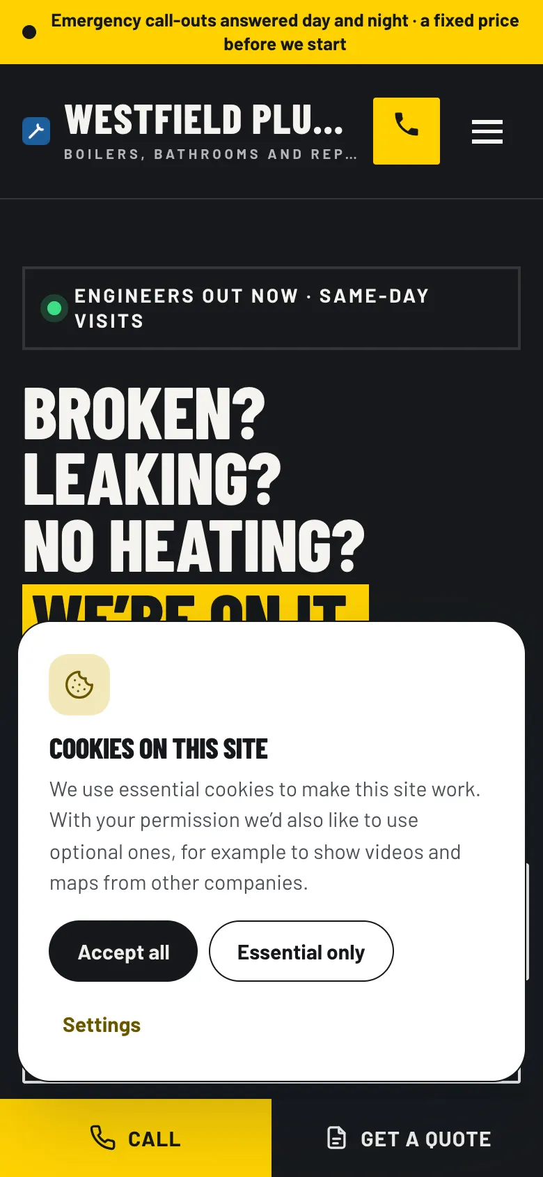 The banner on a phone, taking up the bottom of the screen, with Accept all, Essential only and Settings
