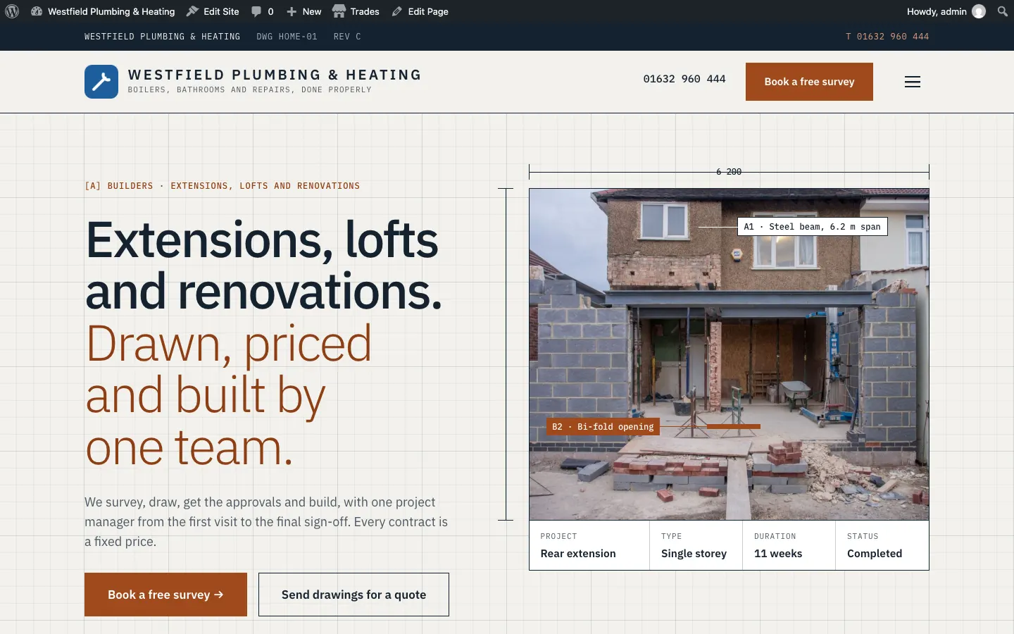 The home page previewed in a new tab in the Blueprint design with the Copper palette, before saving