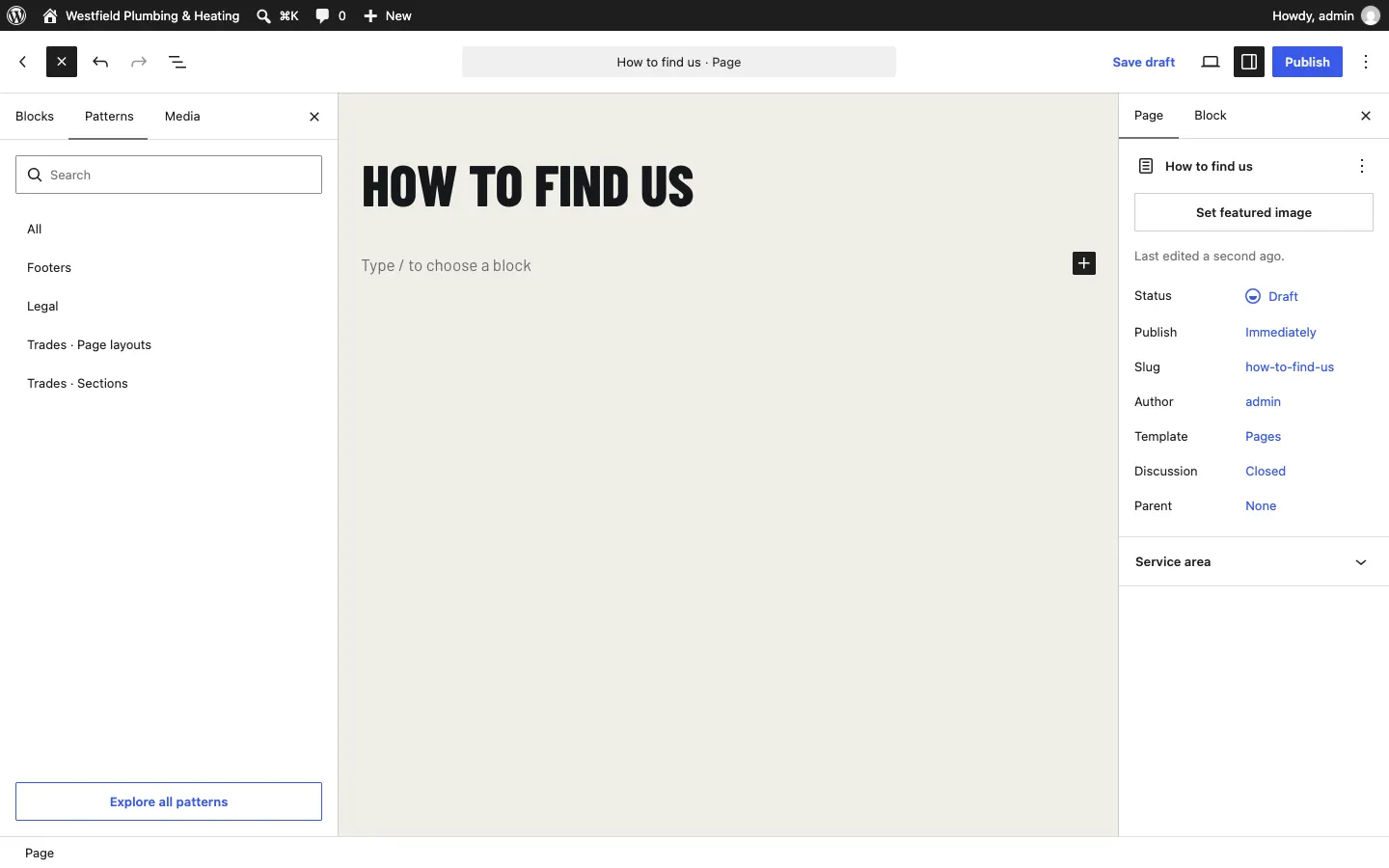 The Patterns tab listing All, Starter content, the Trades kit's own categories ending in Page layouts and Sections, Footers and Legal, with an Explore all patterns button