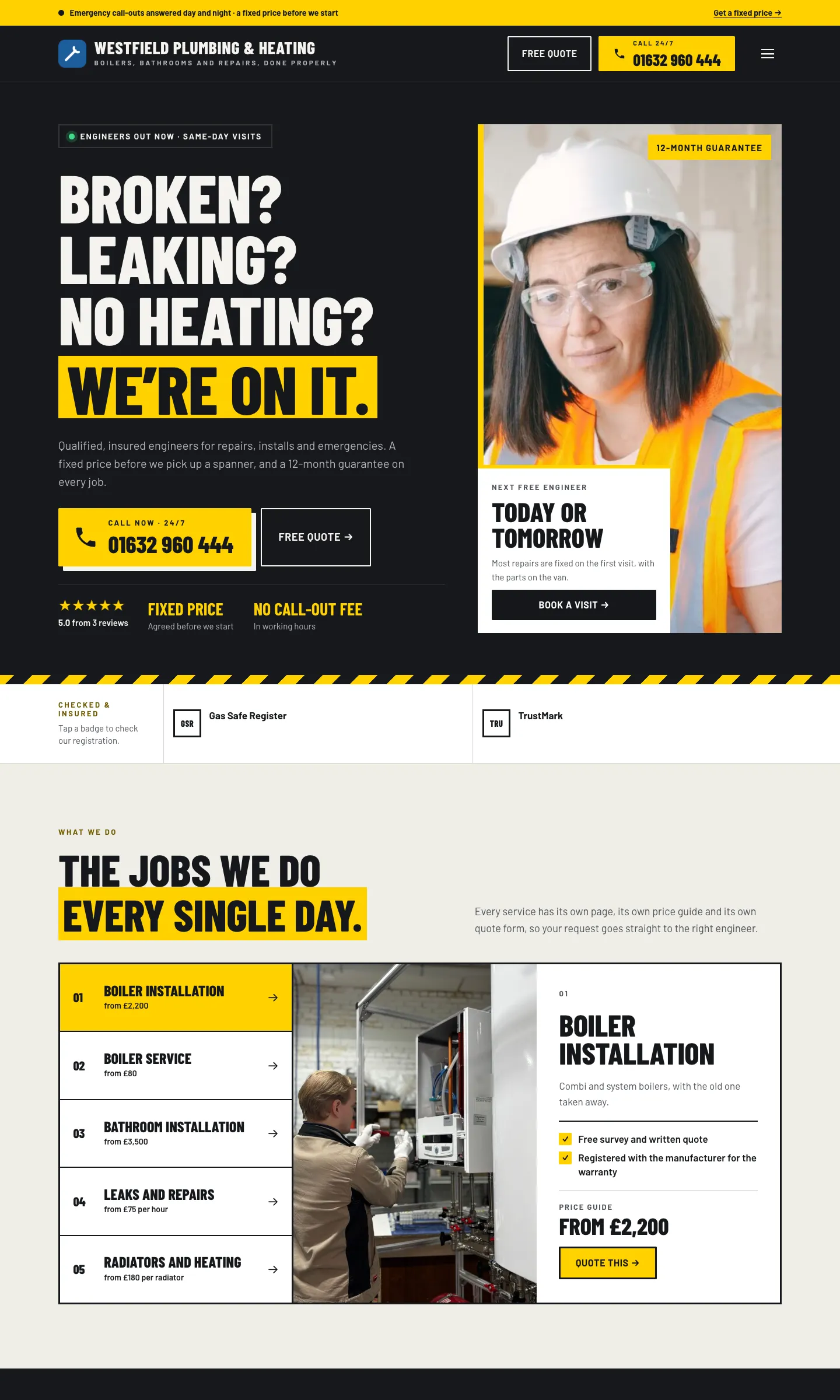 The sample Trades website's home page after the wizard, in its starting design, with the sample logo, the main menu, a large heading and the sample photos