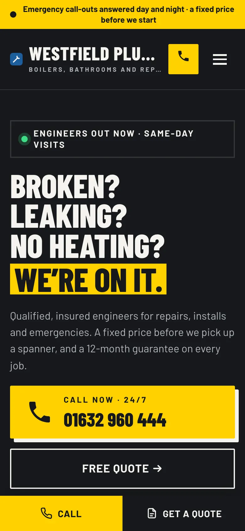 The sample Trades home page on a phone, with the logo at the top left, a menu button at the top right, and the large heading below