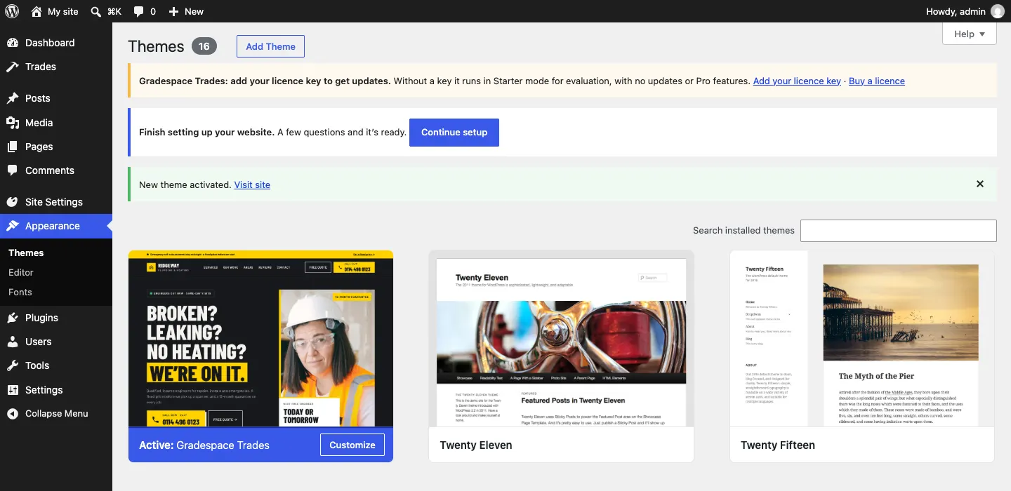The Themes screen with "Active: Gradespace Trades", a notice "New theme activated", the blue "Finish setting up your website" notice with a Continue setup button, and the Site Settings menu on the left