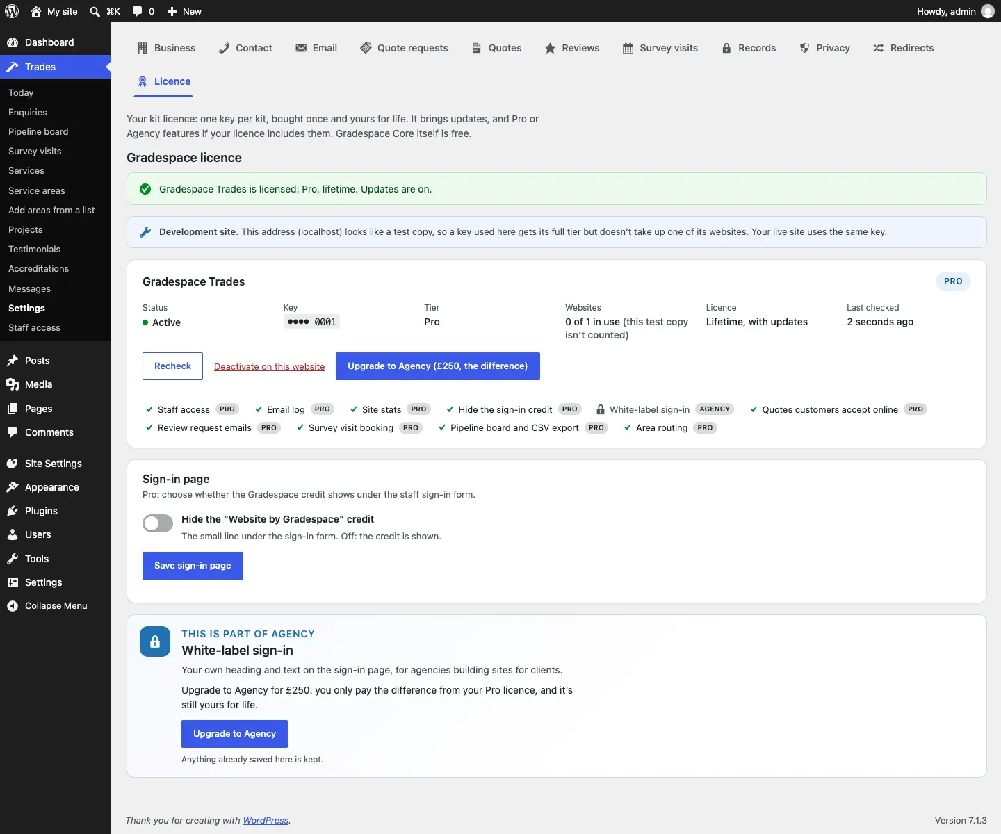 The Licence tab for Gradespace Clinic showing an active Pro licence with Recheck, Deactivate on this website and Upgrade to Agency (£250, the difference) buttons