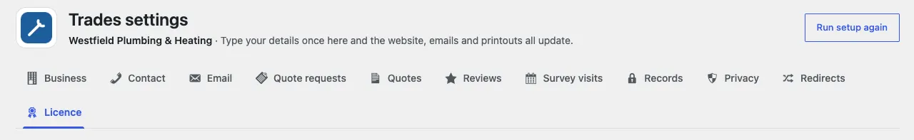 The top of the Trades settings screen, with the Run setup again button on the right and the tabs Business, Contact, Email, Quote requests, Quotes, Reviews, Survey visits, Records, Privacy, Redirects and Licence