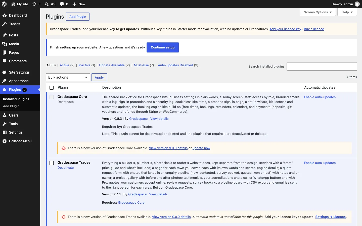The Plugins screen without a licence key: under Gradespace Trades, "There is a new version of Gradespace Trades available. View version details. Automatic update is unavailable for this plugin. Add your licence key to update: Settings → Licence.", while Gradespace Core offers "update now"