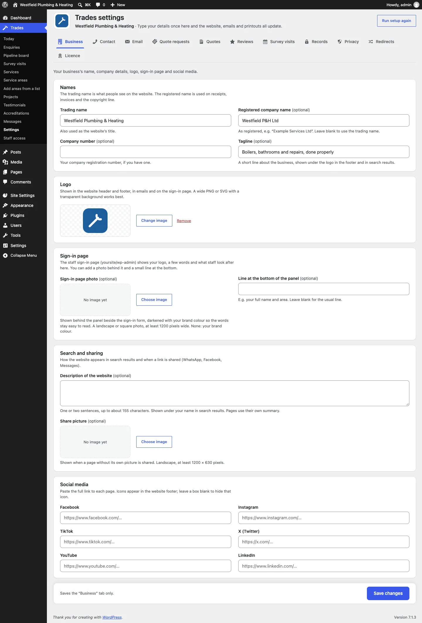 The whole Business tab: the Names card, the Logo card with the logo chosen, then the Sign-in page, Search and sharing and Social media cards, with Save changes at the bottom