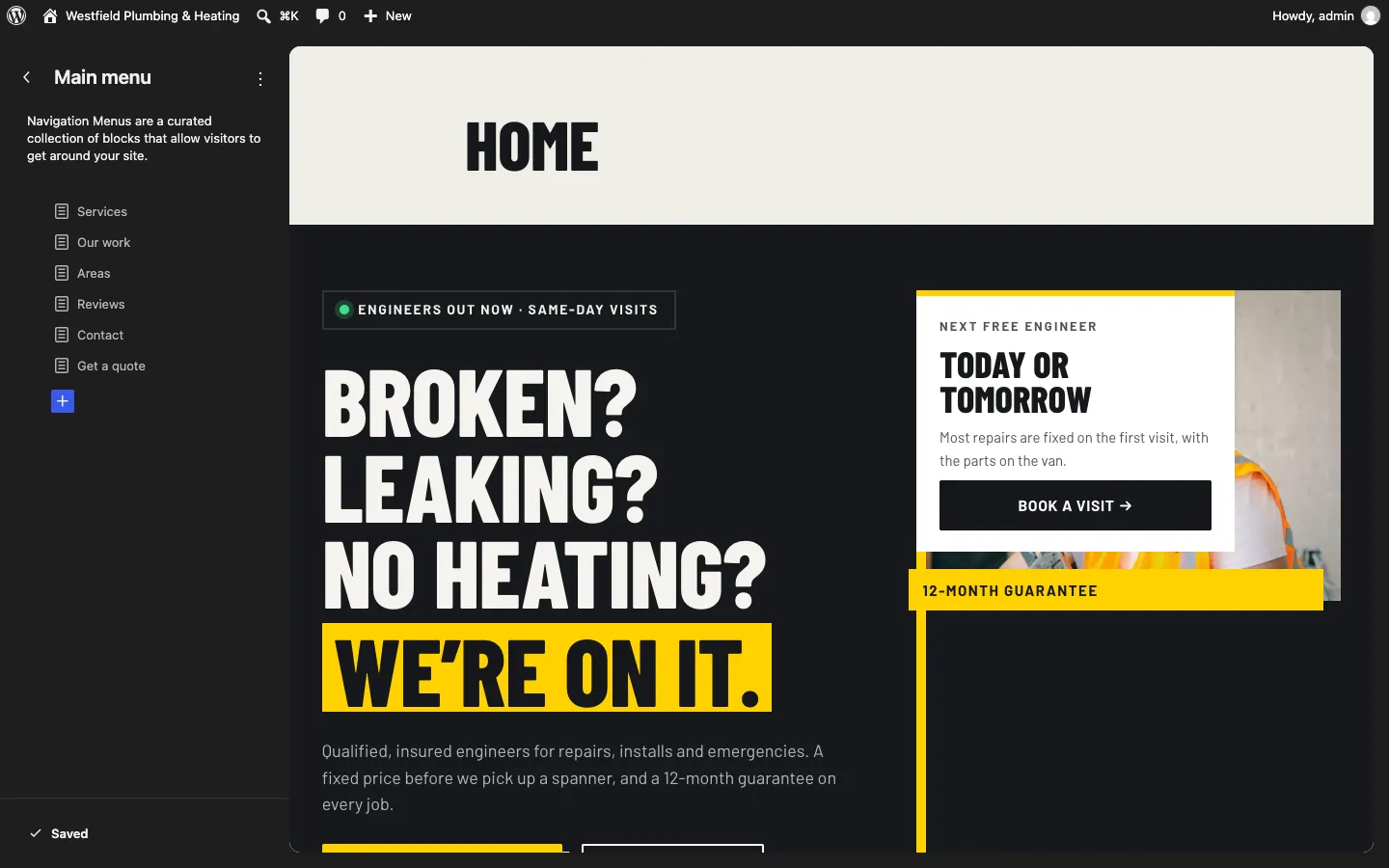 The Main menu panel in the Site Editor listing Services, Our work, Areas, Reviews, Contact and Get a quote, with a blue + button below to add a link, and the home page shown on the right