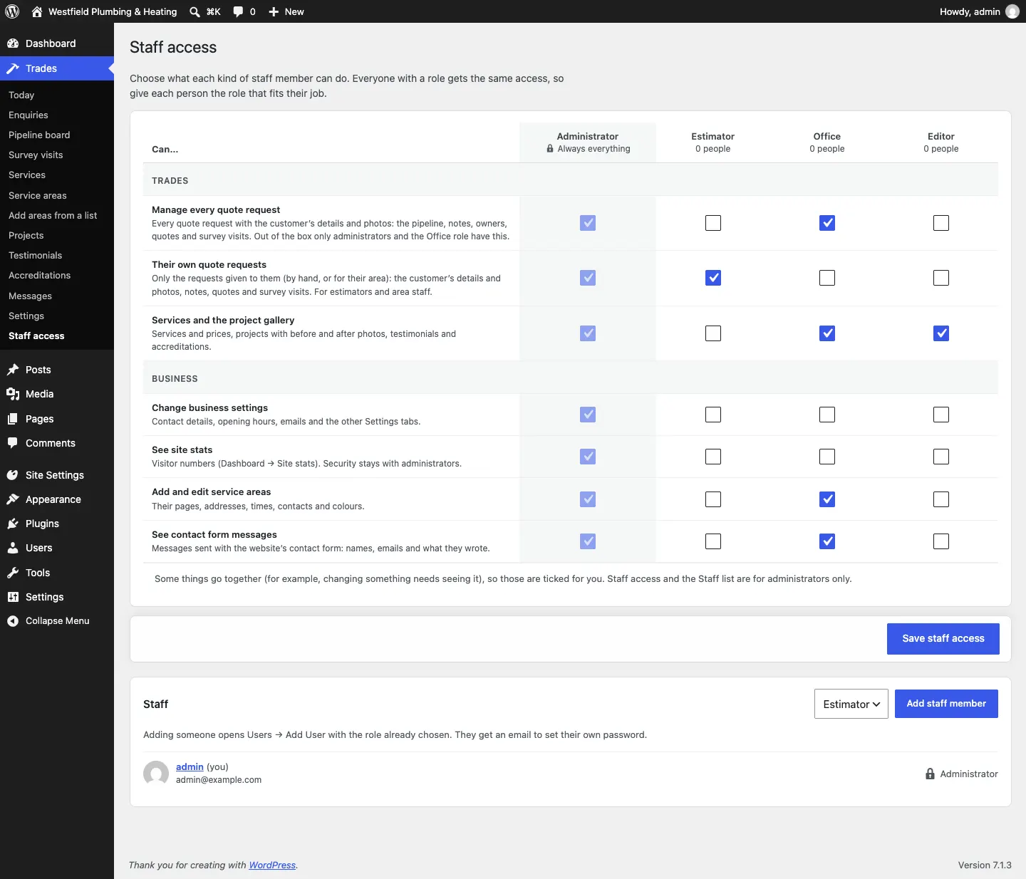 The Staff access grid for Trades, with columns Administrator (Always everything), Estimator, Office and Editor, and rows of what each role can do, grouped by area, with Save staff access below and the Staff card at the bottom