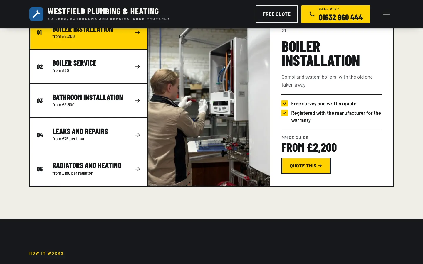 The home page scrolled half way down with the menu kept at the top: the header with the logo, the menu and the main button stays in view above the page content