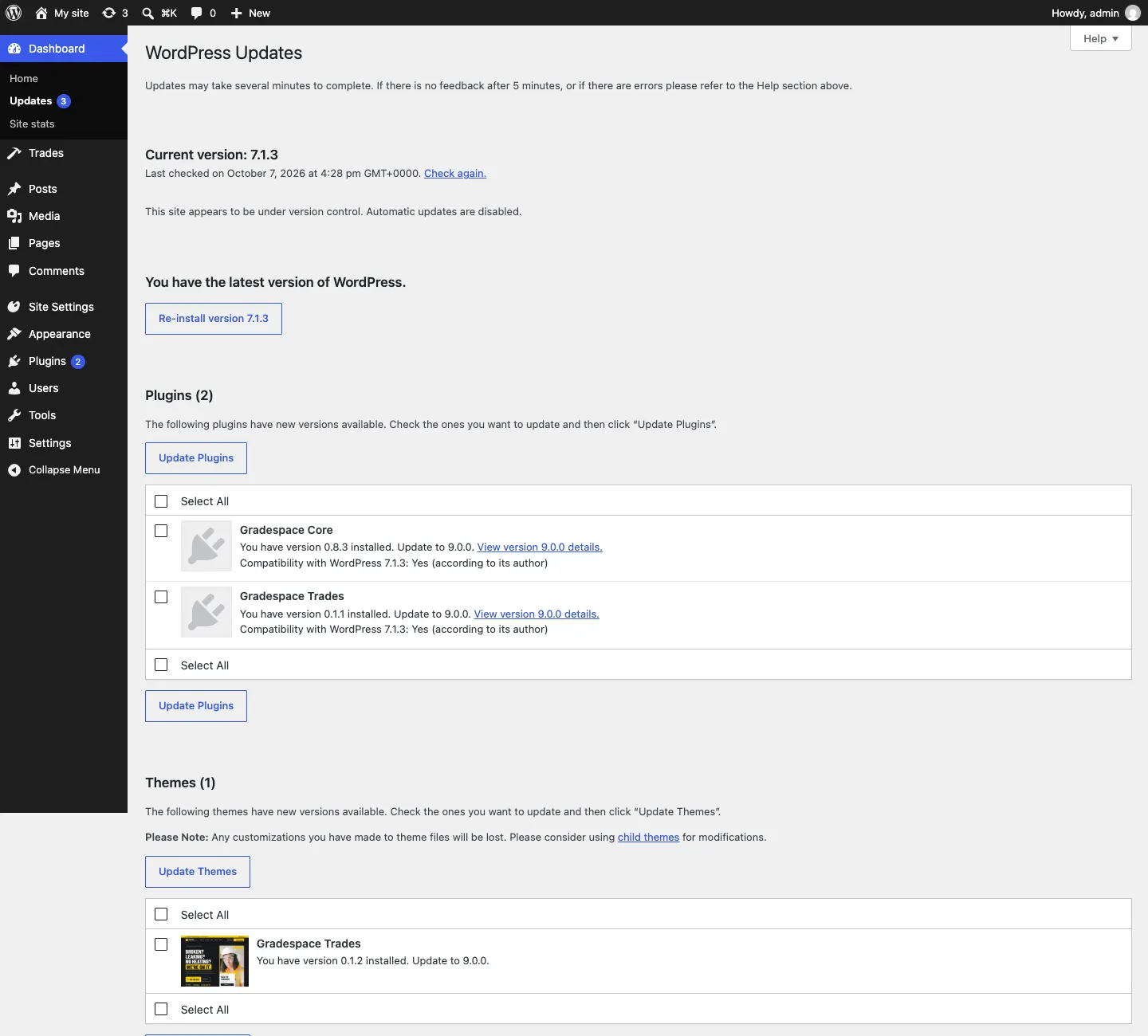 The WordPress Updates screen listing Gradespace Trades and Gradespace Core under Plugins (2), each with "You have version … installed. Update to …" and a View details link, and the Gradespace Trades theme under Themes (1), with Update Plugins and Update Themes buttons