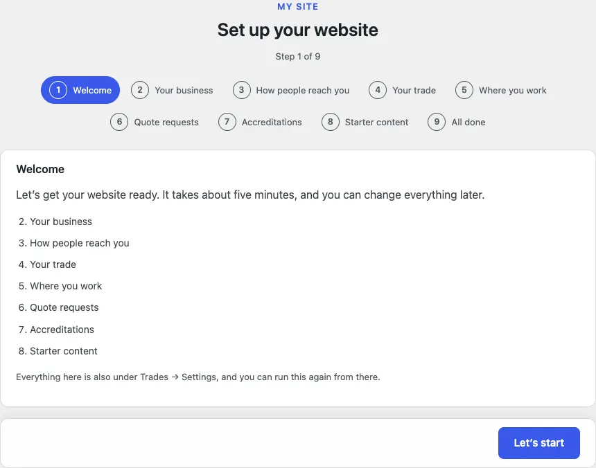 Step 1 of 9, Welcome: "Let's get your website ready. It takes about five minutes" with the numbered list of the steps ahead and a Let's start button