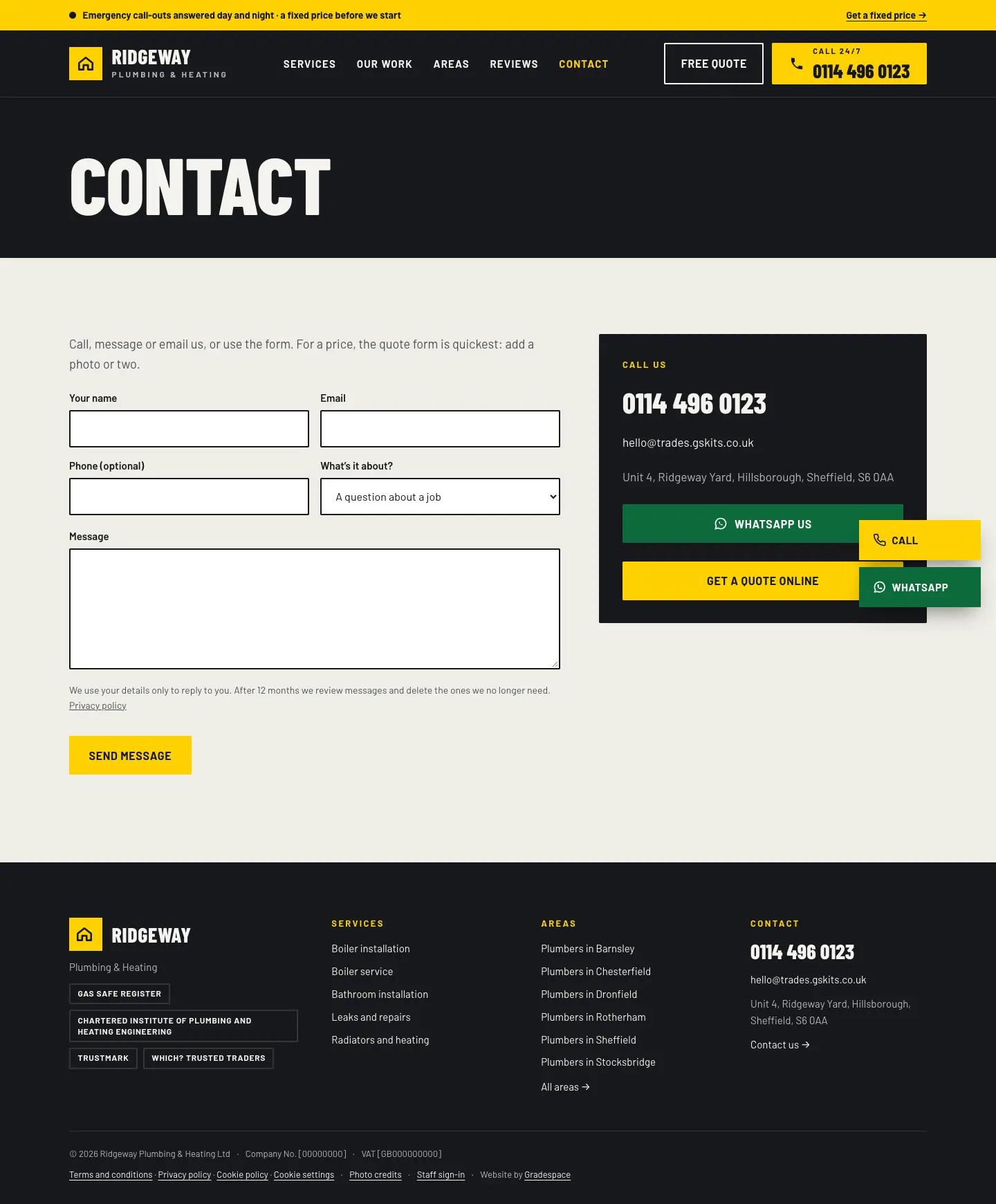 The Contact page with the phone number, email, address and contact form