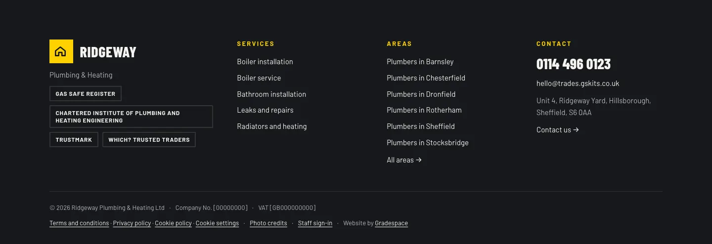 The footer in the Workshop design: the logo with the accreditation names, a Services column, an Areas column (Plumbers in Barnsley and so on), a Contact column, and a bottom line with the copyright, company number, VAT number and legal links