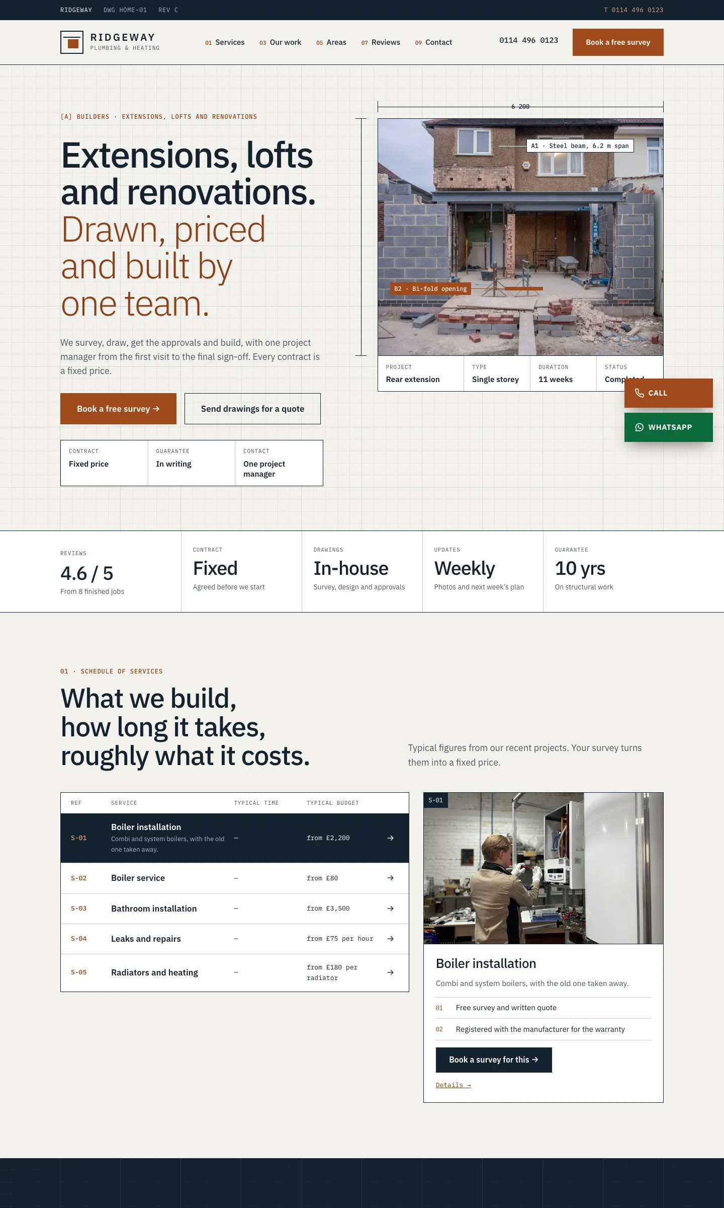 The Blueprint home page on a computer: a drafting-grid background, the headline "Extensions, lofts and renovations. Drawn, priced and built by one team.", a photo of a rear extension with dimension labels, and a schedule of services with typical budgets