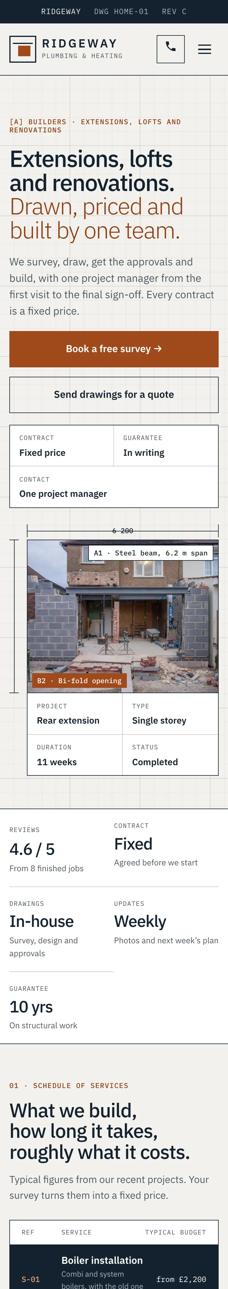 The Blueprint home page on a phone, with the grid background and the Book a free survey button