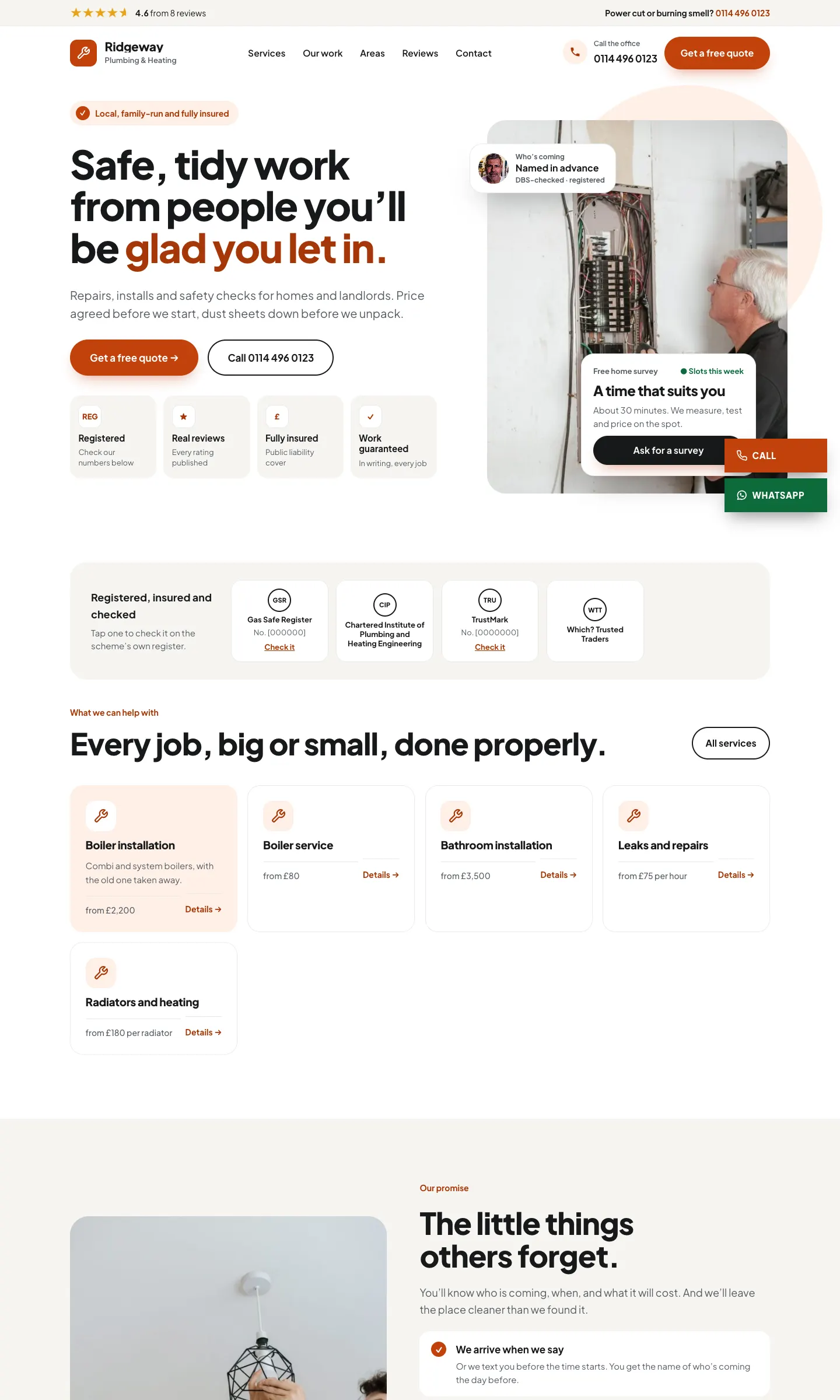 The Local Pro home page on a computer: a light page with the headline "Safe, tidy work from people you'll be glad you let in.", an orange Get a free quote button, four trust cards and a photo of an electrician with a "Free home survey" card