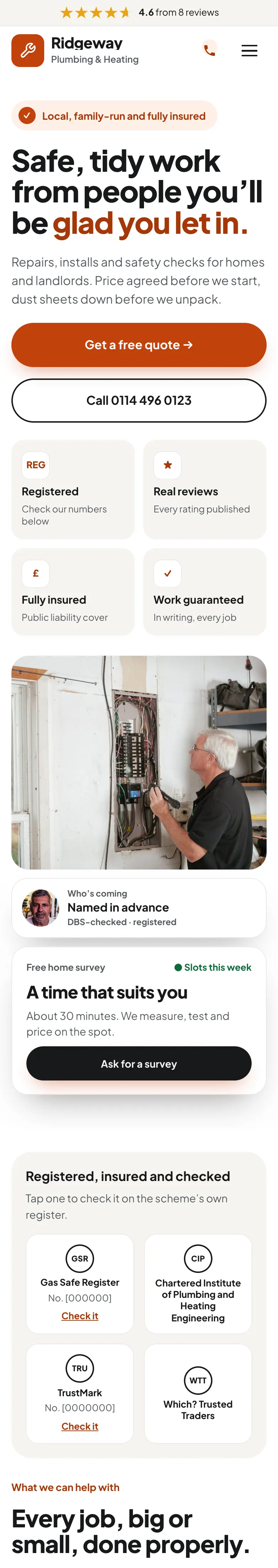 The Local Pro home page on a phone, with rounded cards and the orange quote button
