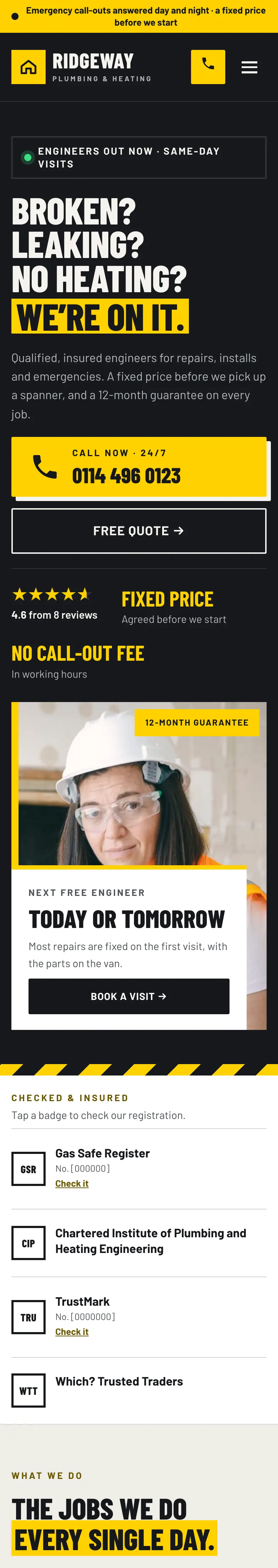 The Workshop home page on a phone: the logo, a call button and the menu button at the top, the big headline, the call button and the Call, WhatsApp and Get a quote bar
