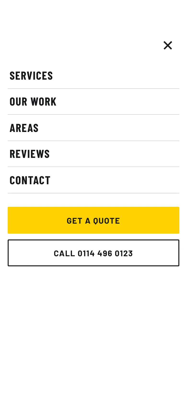 The phone menu open: Services, Our work, Areas, Reviews and Contact, a yellow Get a quote button and a Call button with the phone number