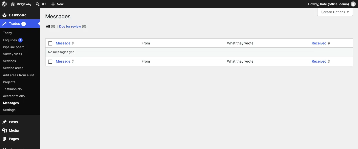 The Messages list, empty in the demo, with the columns Message, From, What they wrote and Received, and the views All and Due for review