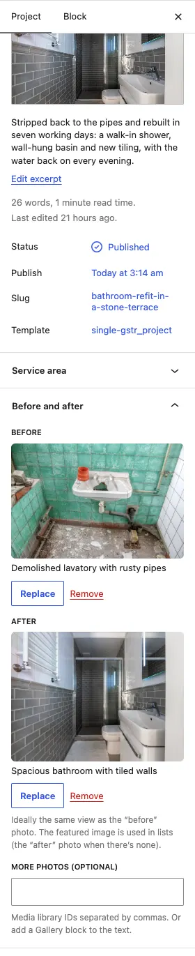 The project sidebar with the Before and after panel open: a Before photo of a demolished bathroom and an After photo of the finished bathroom, each with Replace and Remove, and the More photos (optional) box