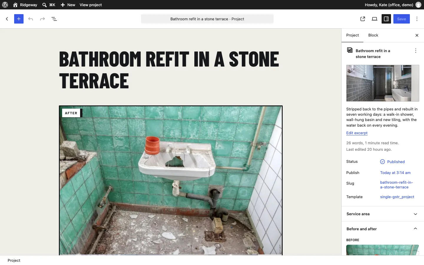 Editing the project Bathroom refit in a stone terrace: the before and after slider in the page, and the sidebar with the featured image, the excerpt, and the Service area and Before and after panels