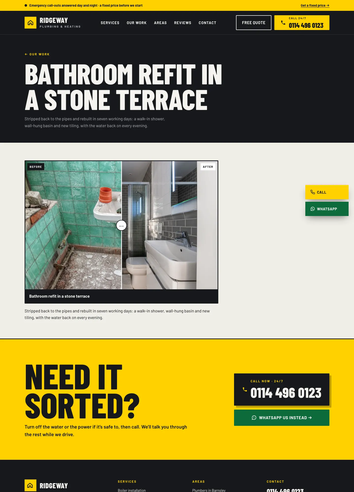 A single project, Bathroom refit in a stone terrace, with a before and after photo slider and a short description