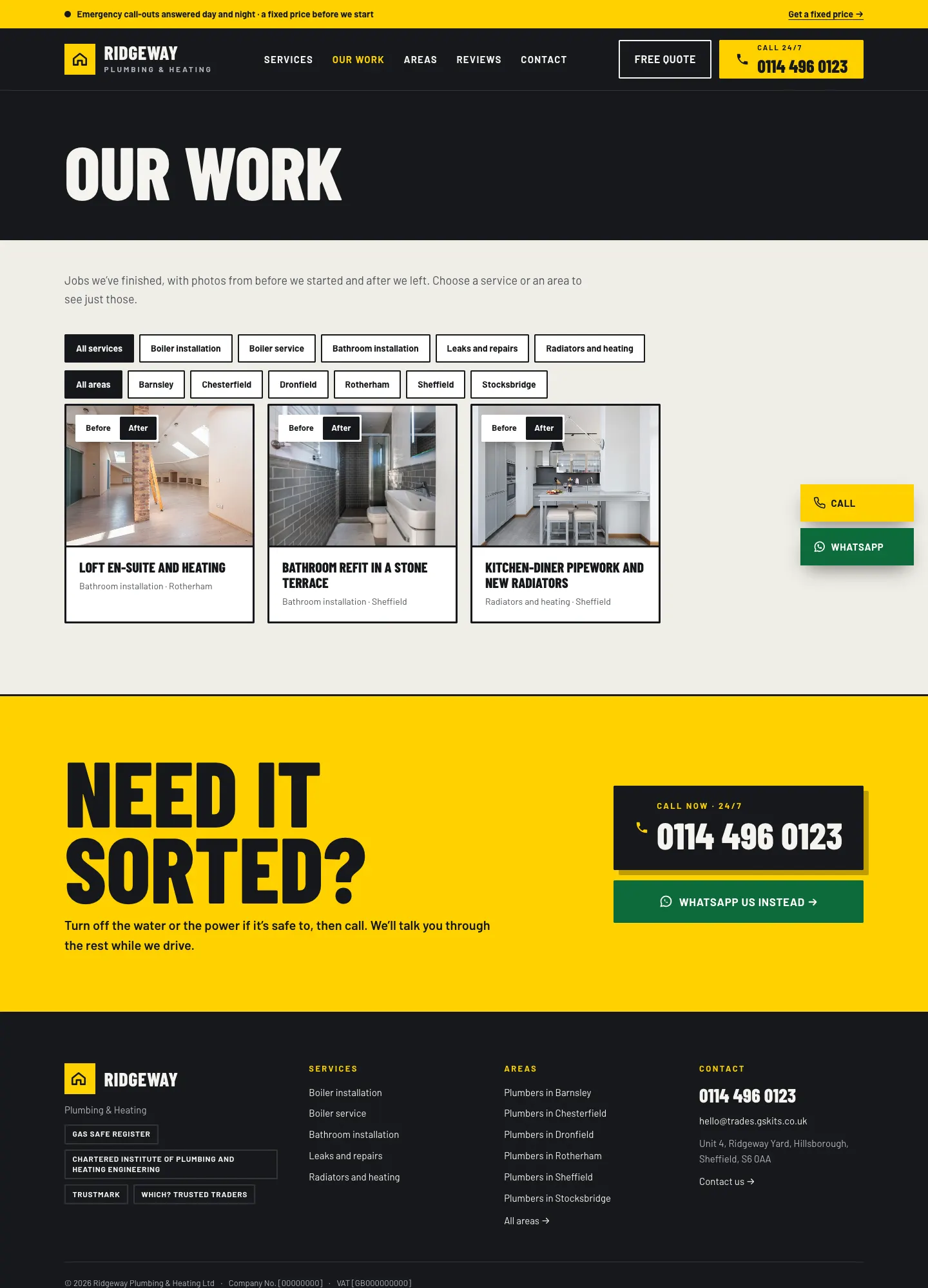 The Our work page: buttons to filter by service (All services, Boiler installation and others) and project cards with photos
