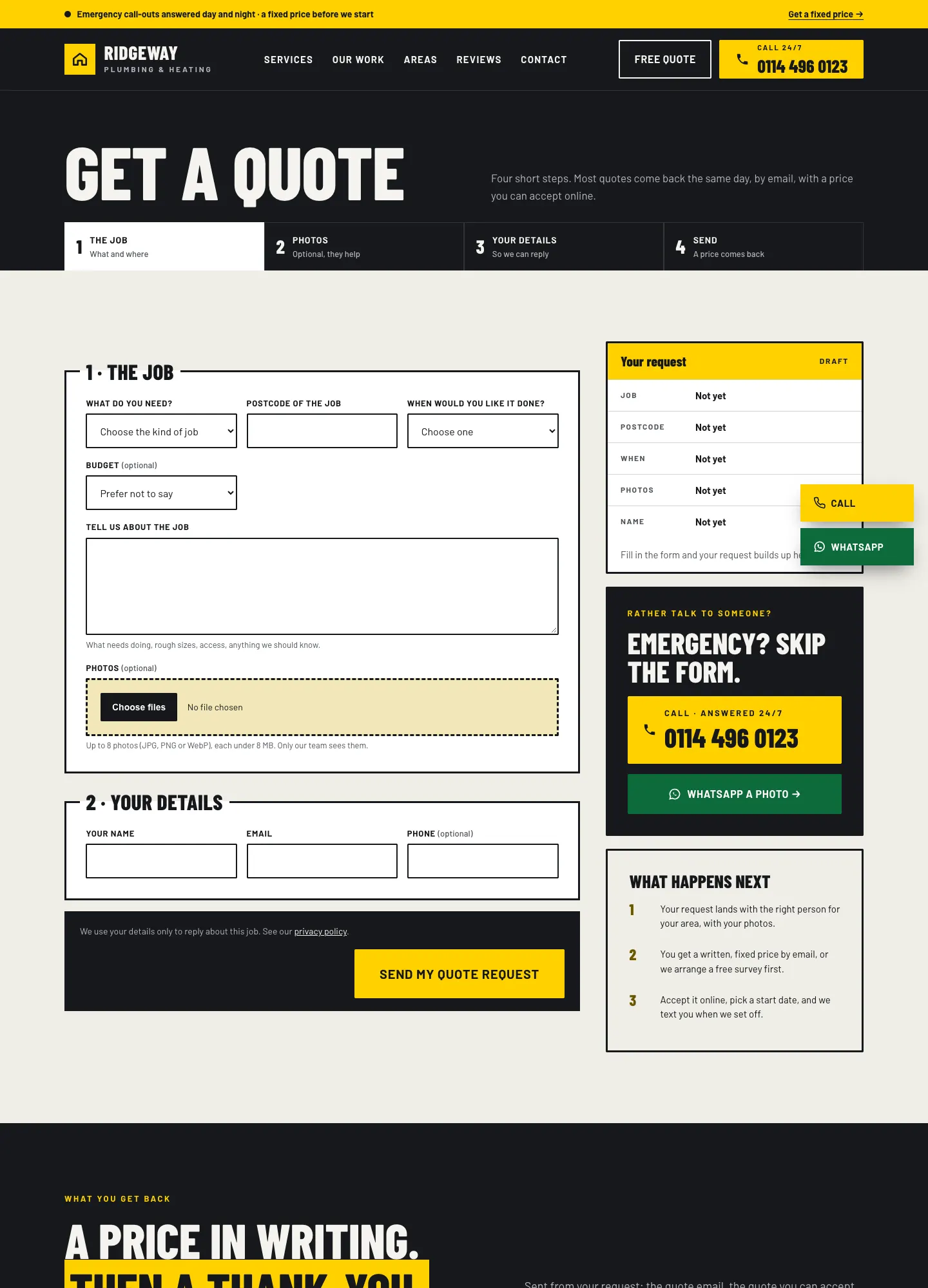 The Get a quote page on a computer: four steps across the top, the job questions, a photo upload box, your details and a Send my quote request button, with a "Your request" summary on the right that fills in as the customer types