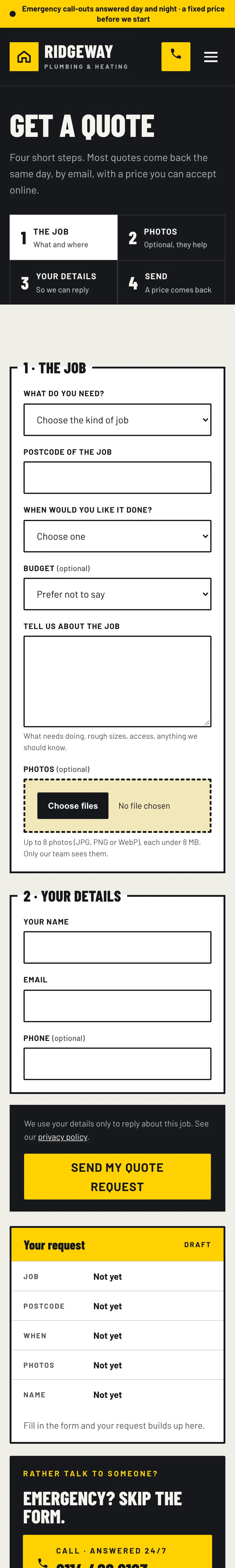 The Get a quote form on a phone: the steps stacked one under another, with large boxes and the Send my quote request button at the bottom