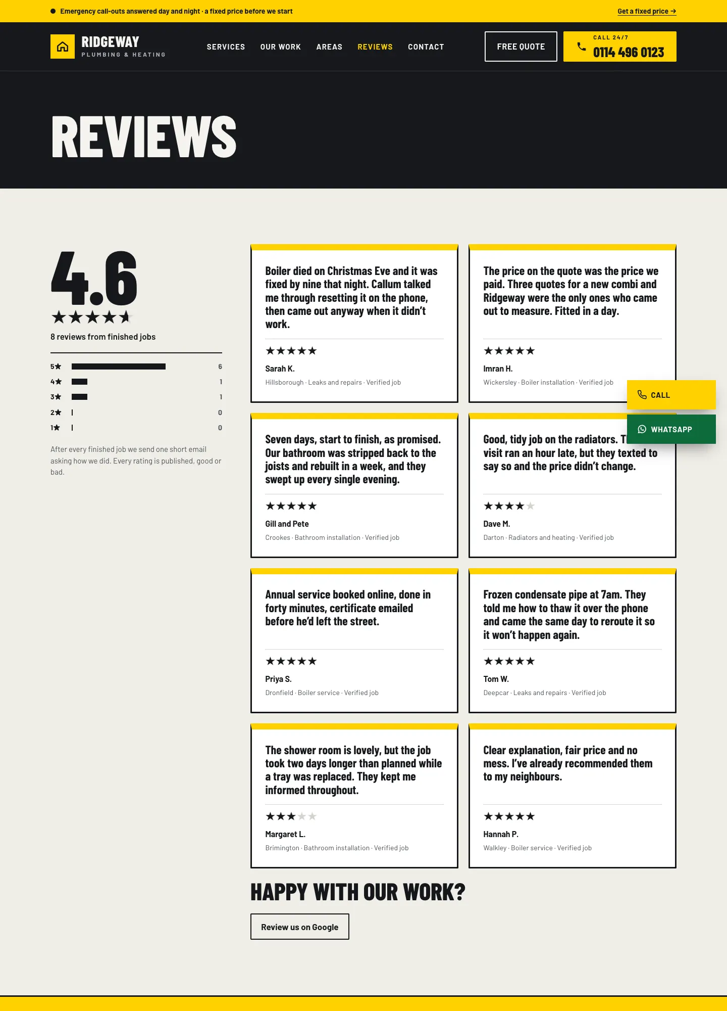 The Reviews page: a 4.6 score from 8 reviews with a bar for each star rating, then testimonial cards with the customer's first name, town and service