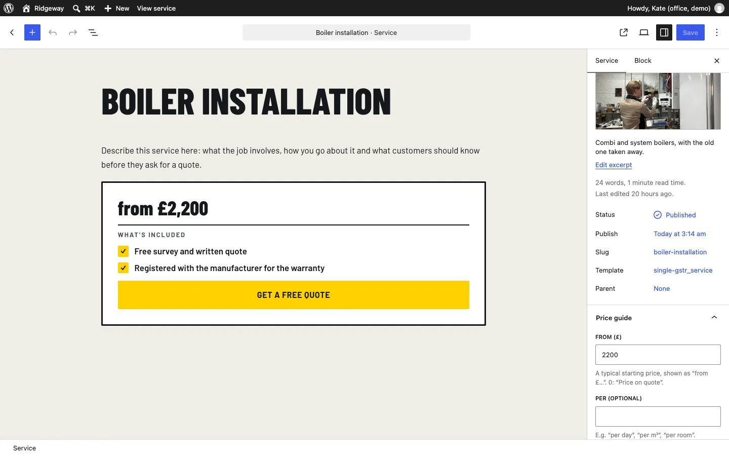 Editing the Boiler installation service: the page shows the price box "from £2,200" with What's included and a Get a free quote button, and the sidebar has the featured image, the excerpt and the Price guide panel with From (£) set to 2200 and an empty Per (optional) box