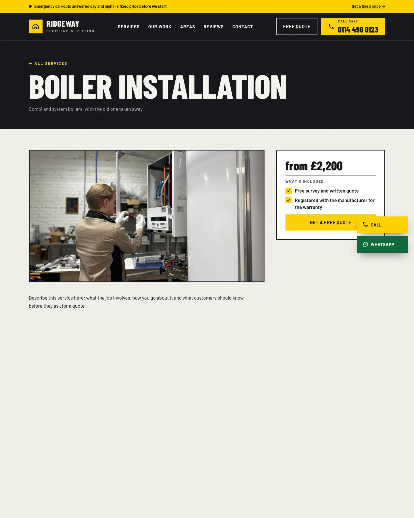 A single service page for Boiler installation, with the price box "from £2,200", what's included and a Get a free quote button