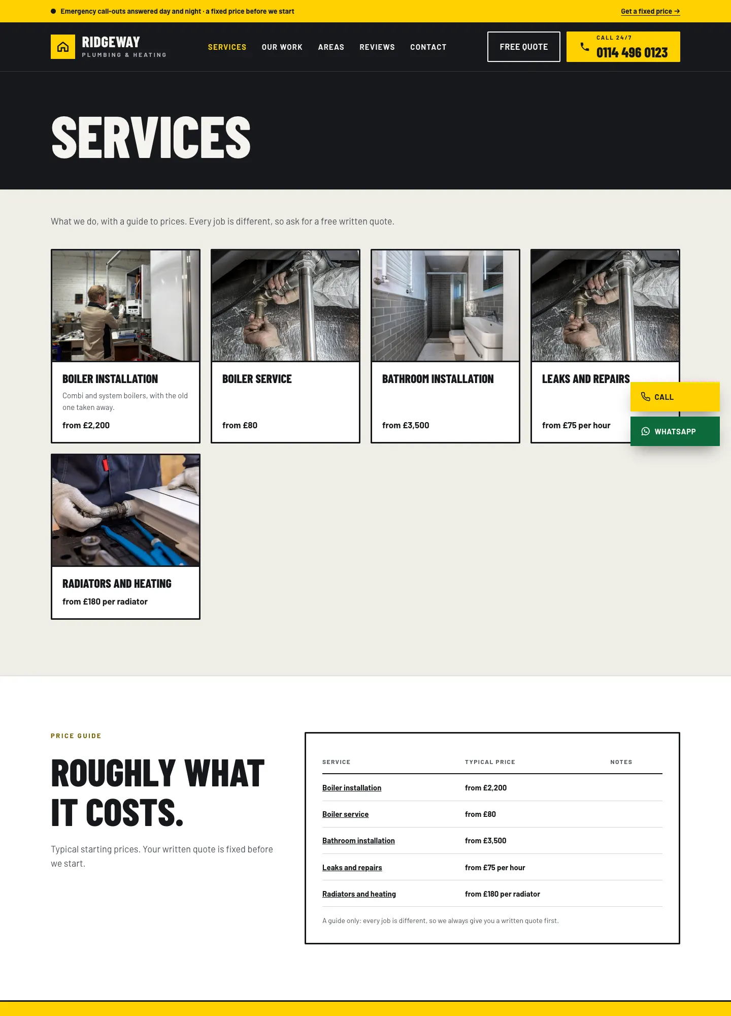 The Services page: a heading band, a short introduction and service cards with photos, a one-line description and a "from" price for each
