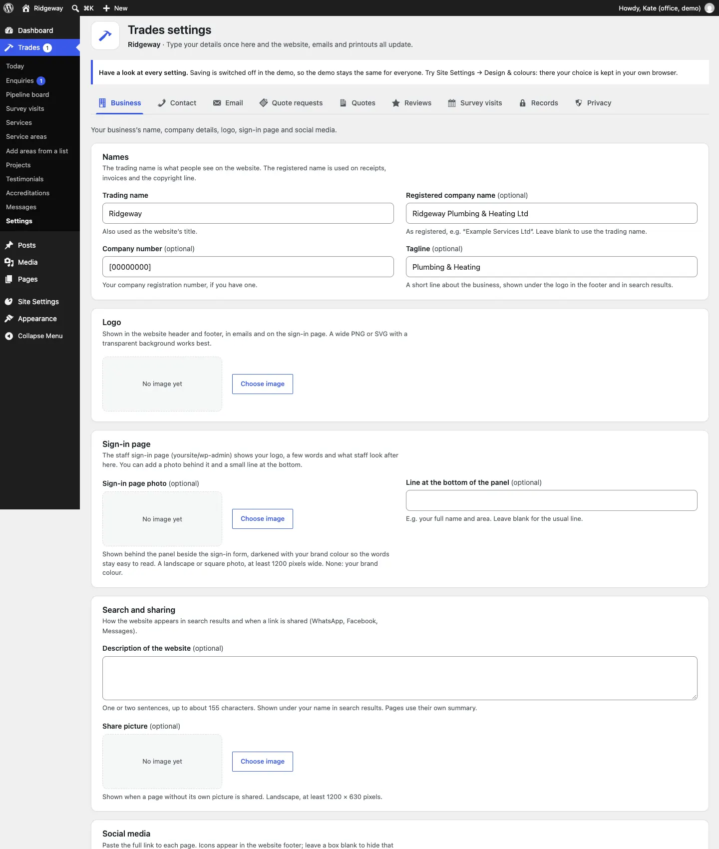 The Business settings tab: Trading name, Registered company name, Company number, Tagline, Logo, Sign-in page photo, Description of the website, Share picture and social media links