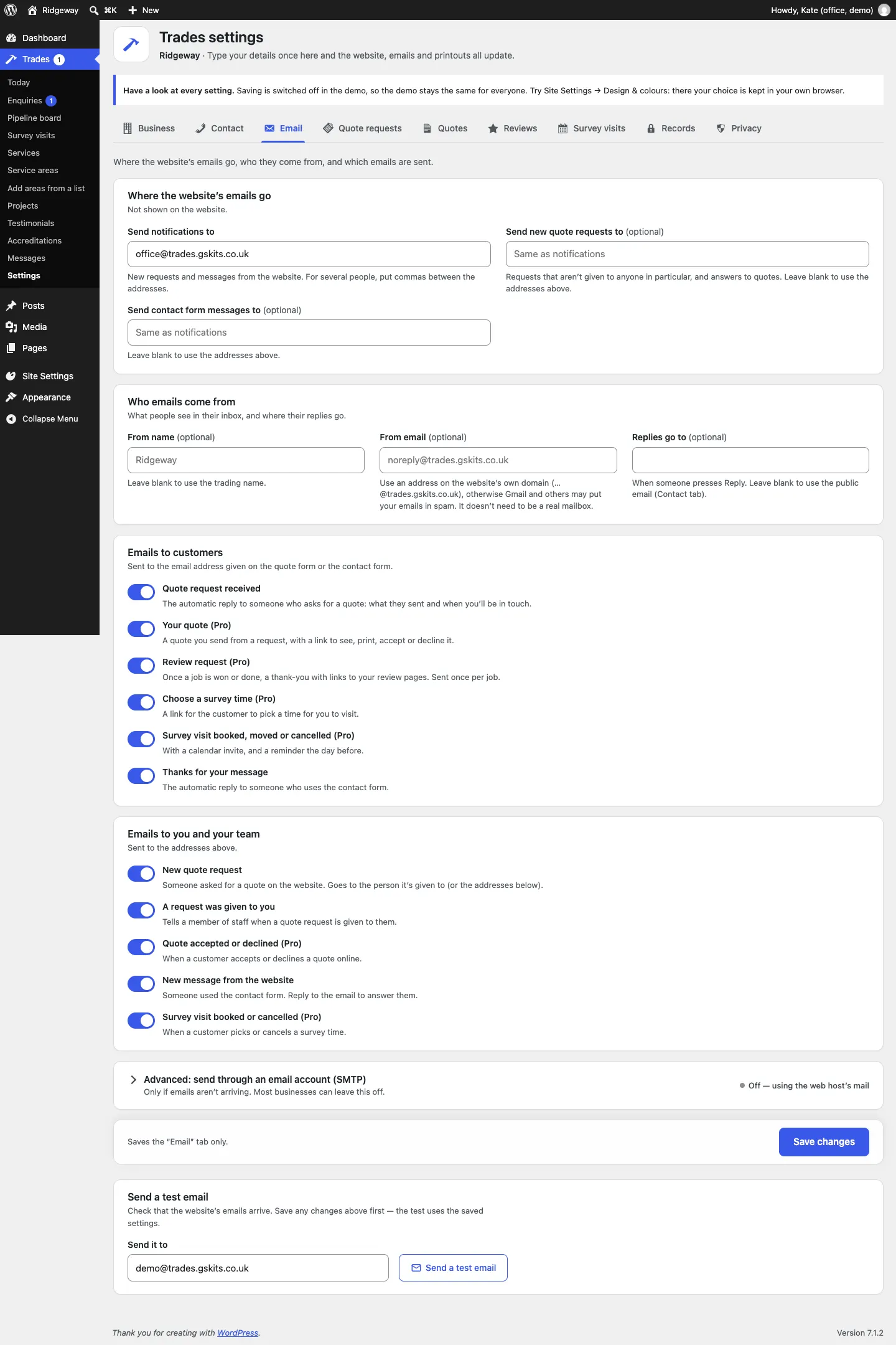 The Email settings tab: Send notifications to, Send new quote requests to and Send contact form messages to, then From name, From email and Replies go to, then a switch for each email to customers (Quote request received, Your quote, Review request, Choose a survey time, Survey visit booked, moved or cancelled, Thanks for your message) and to your team