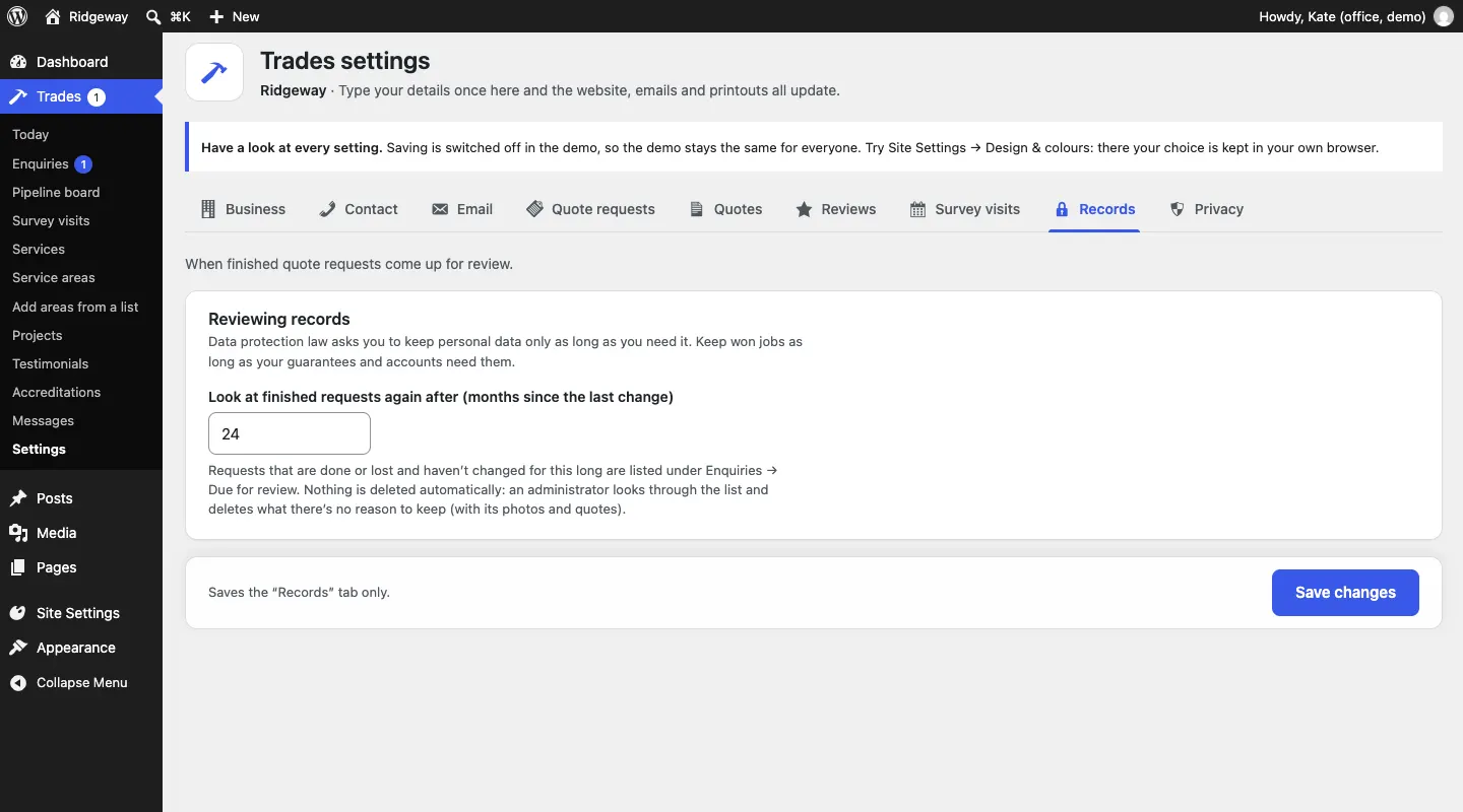 The Records settings tab: Look at finished requests again after (months since the last change), with an explanation that nothing is deleted automatically