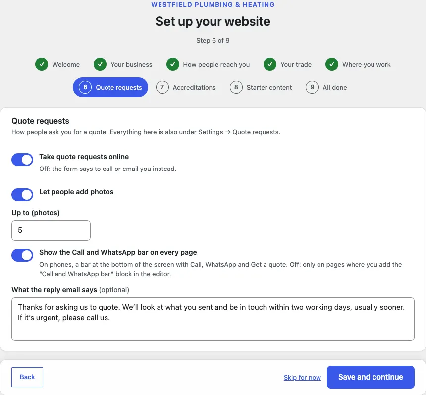 Step 6 of 9, Quote requests: Take quote requests online on, Let people add photos on, up to 5 photos, Show it on every page on, and the reply email text